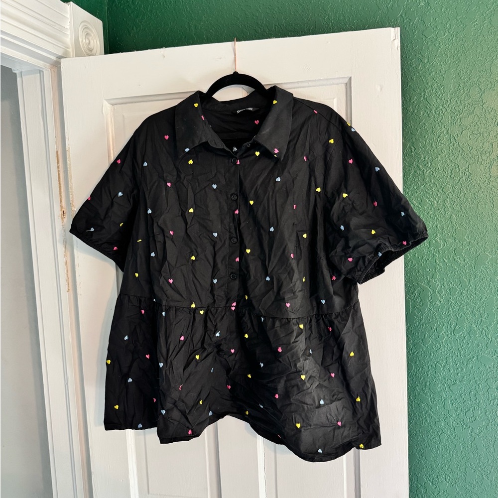 Black Button-Up Shirt with Colorful Heart Pattern